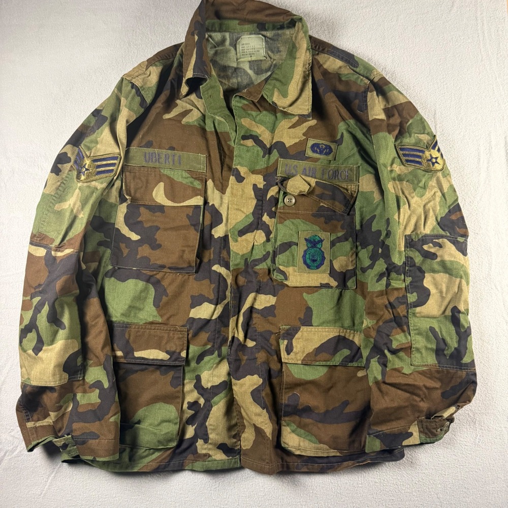 US Air Force Woodland Camo BDU Field Jacket Coat Selma Apparel Large Reg 1982